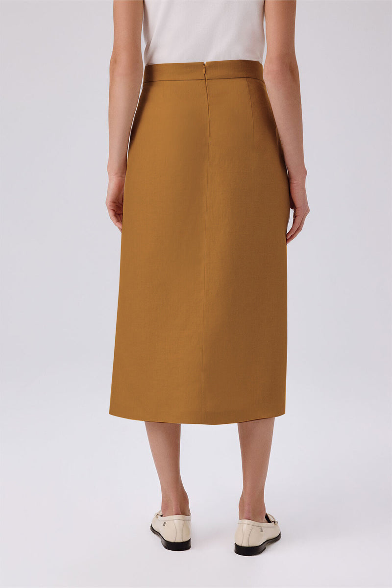 Camel Asymmetric Slit Midi Skirt