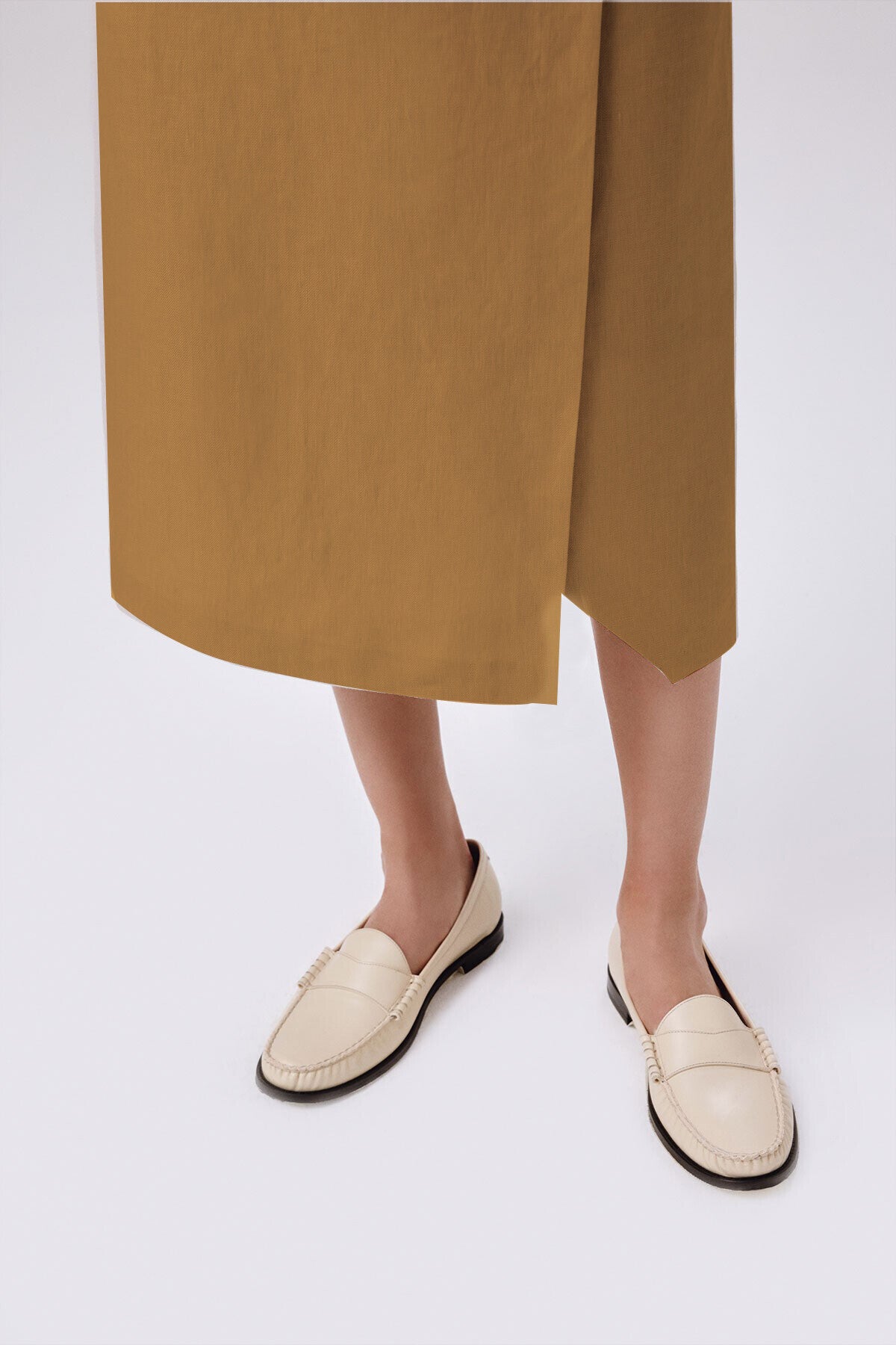 Camel Asymmetric Slit Midi Skirt