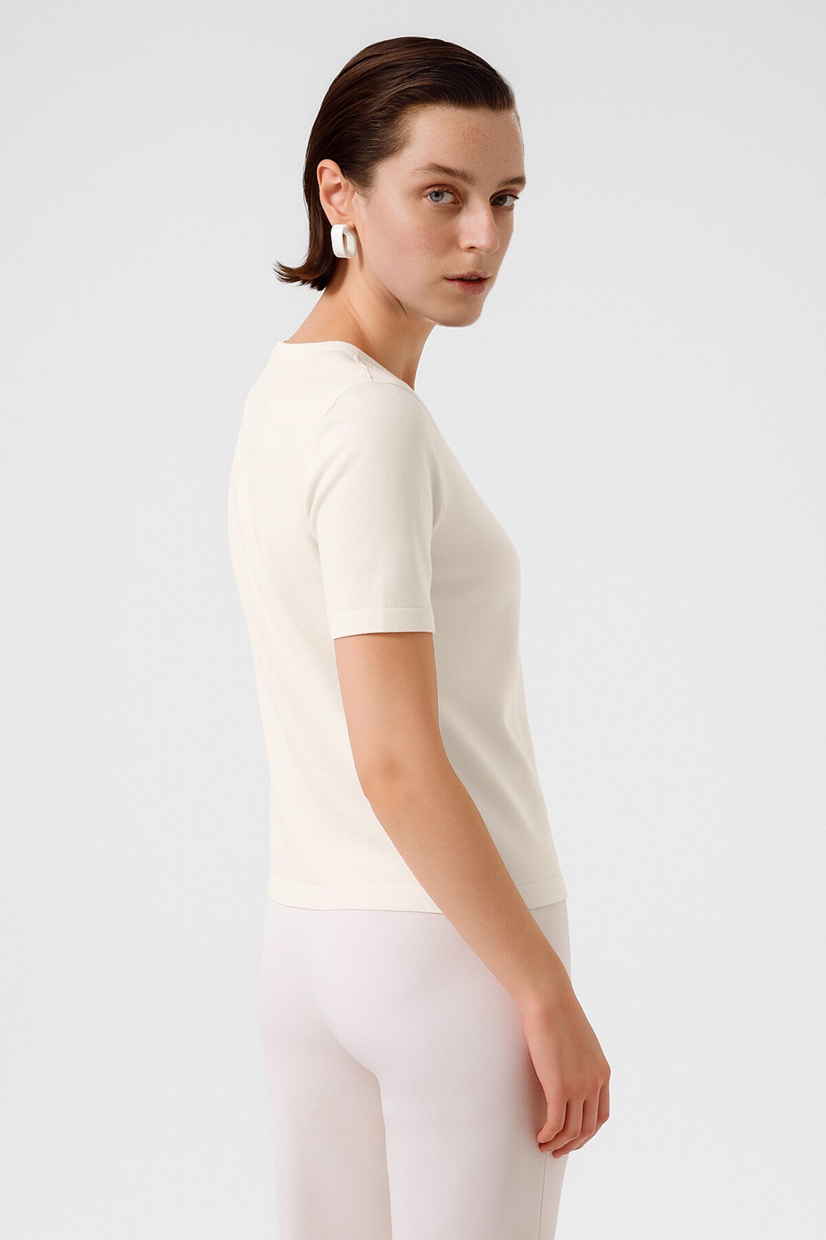 Ecru Bike Neck Short Sleeve Women's Sweater