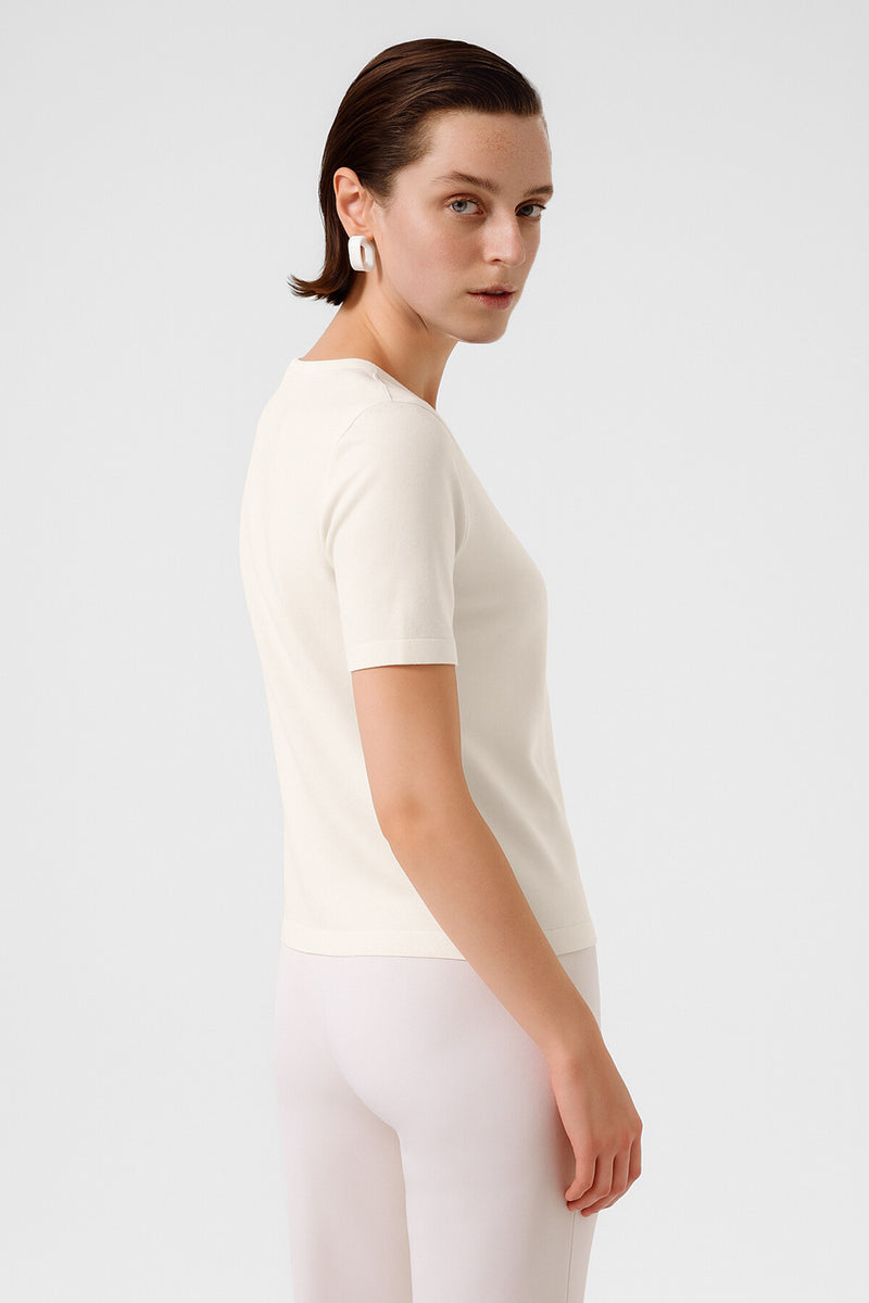 Ecru Bike Neck Short Sleeve Women's Sweater