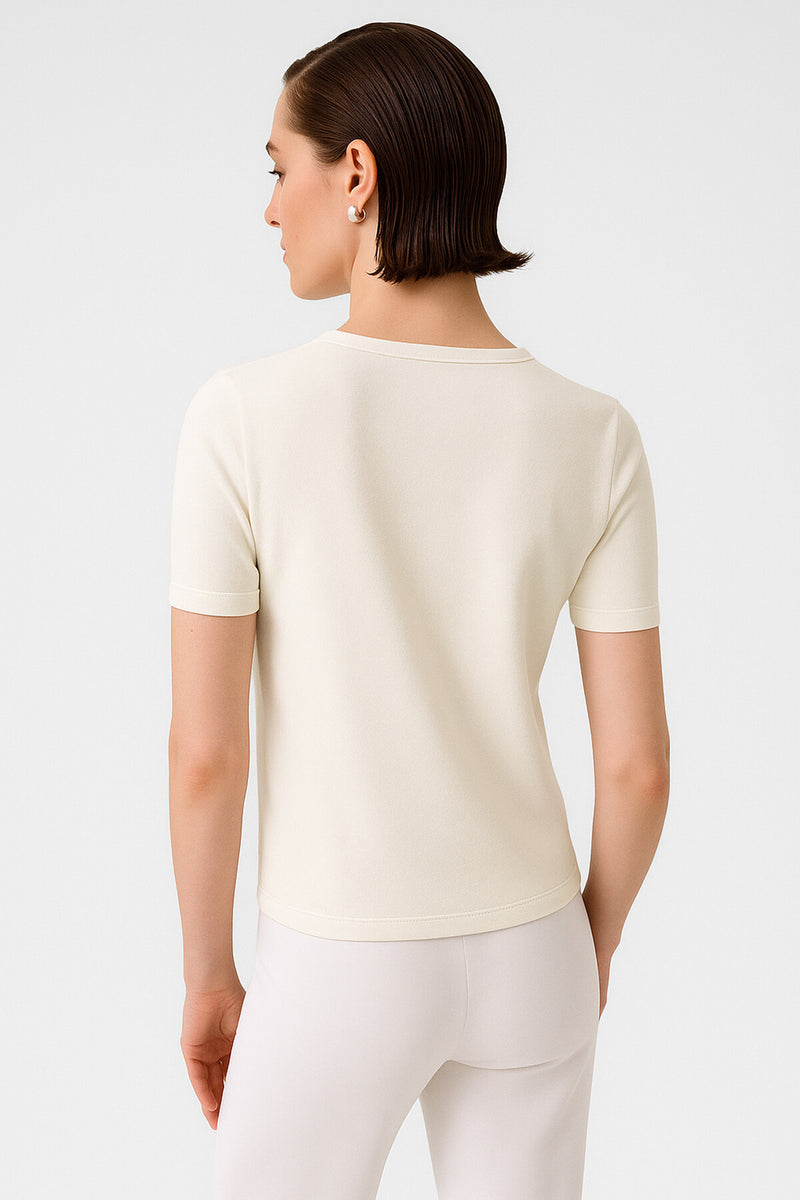Ecru Bike Neck Short Sleeve Women's Sweater