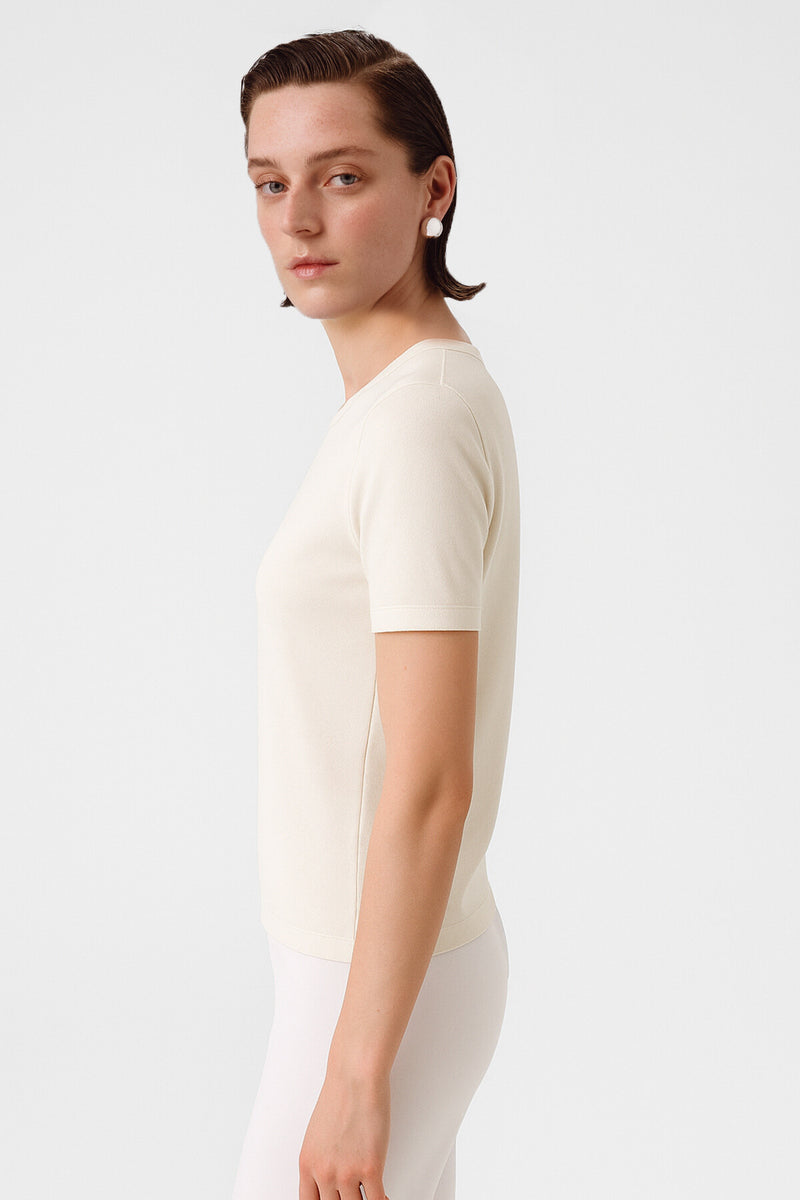 Ecru Bike Neck Short Sleeve Women's Sweater