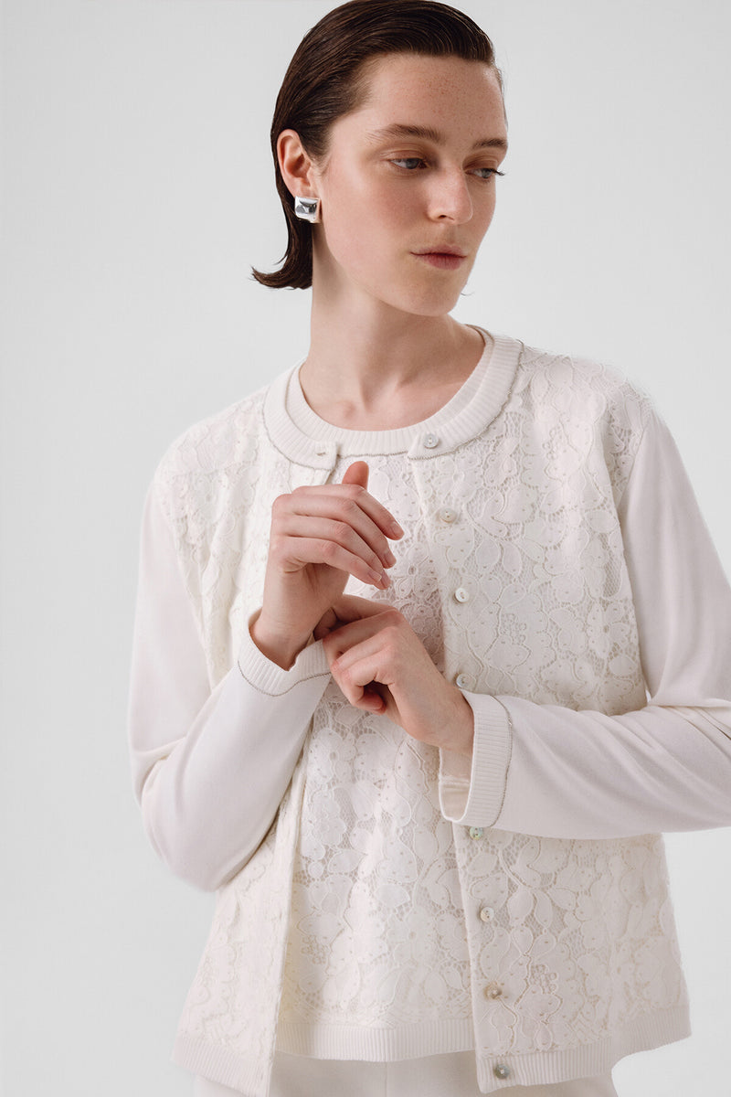 Ecru Lace-Detailed Buttoned Women's Cardigan