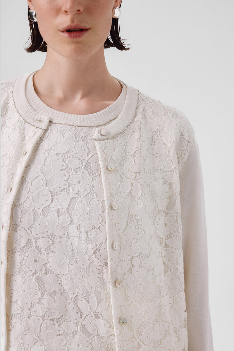 Ecru Lace-Detailed Buttoned Women's Cardigan