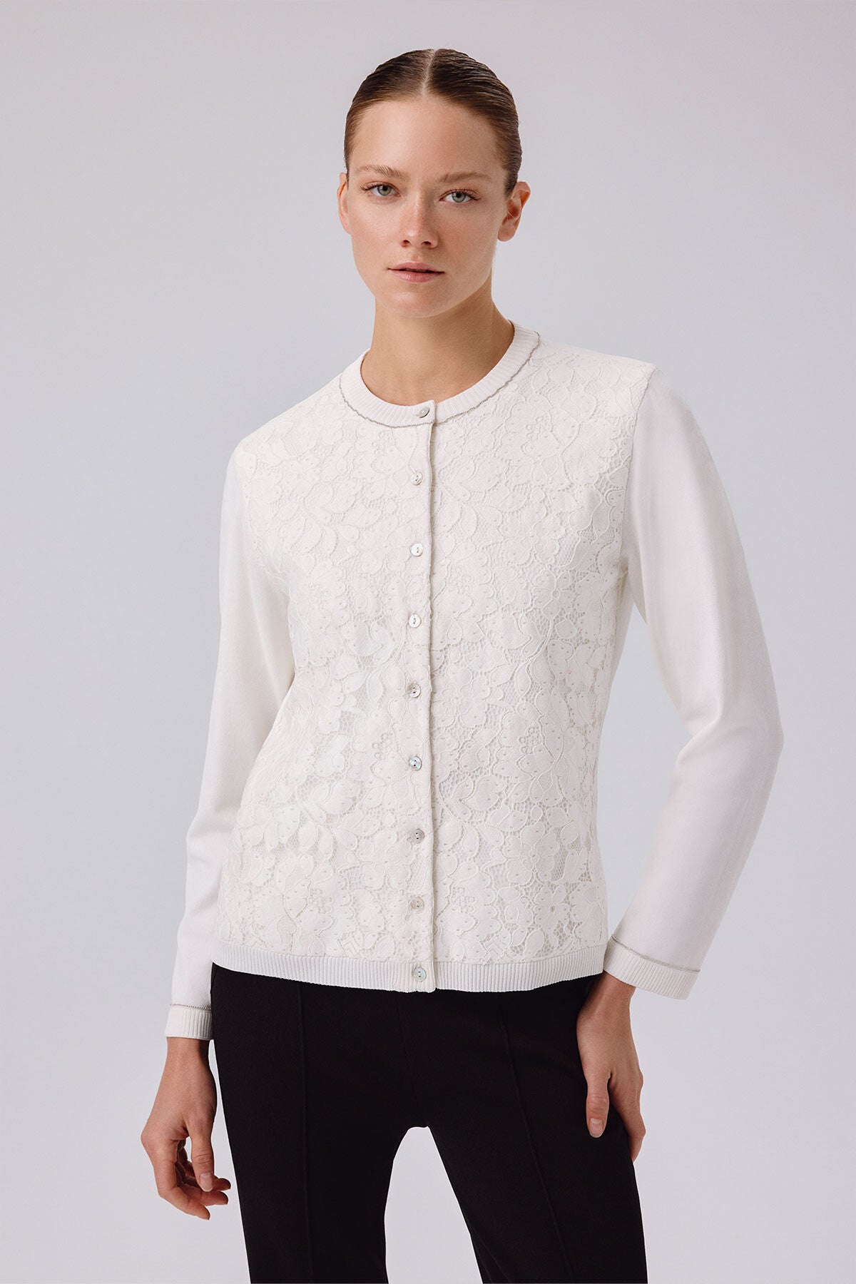 Ecru Lace-Detailed Buttoned Women's Cardigan