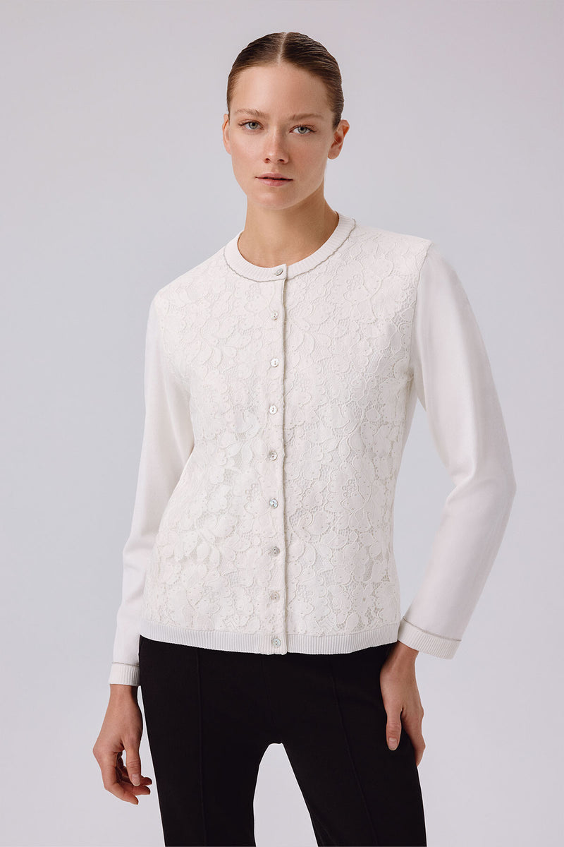 Ecru Lace-Detailed Buttoned Women's Cardigan