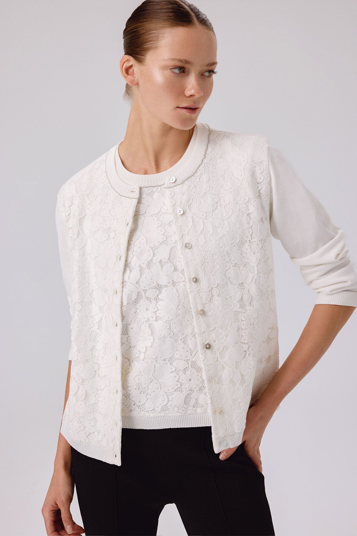 Ecru Lace-Detailed Buttoned Women's Cardigan