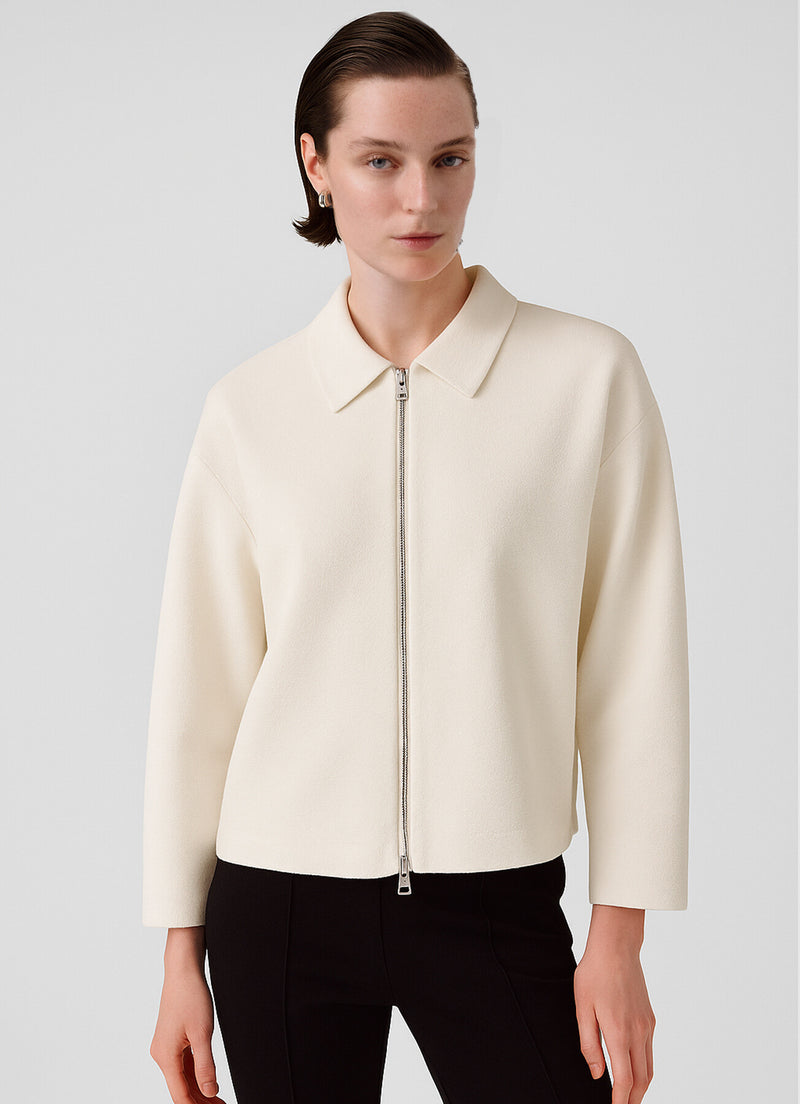 Ecru Shirt Collar Zipper Women's Jacket