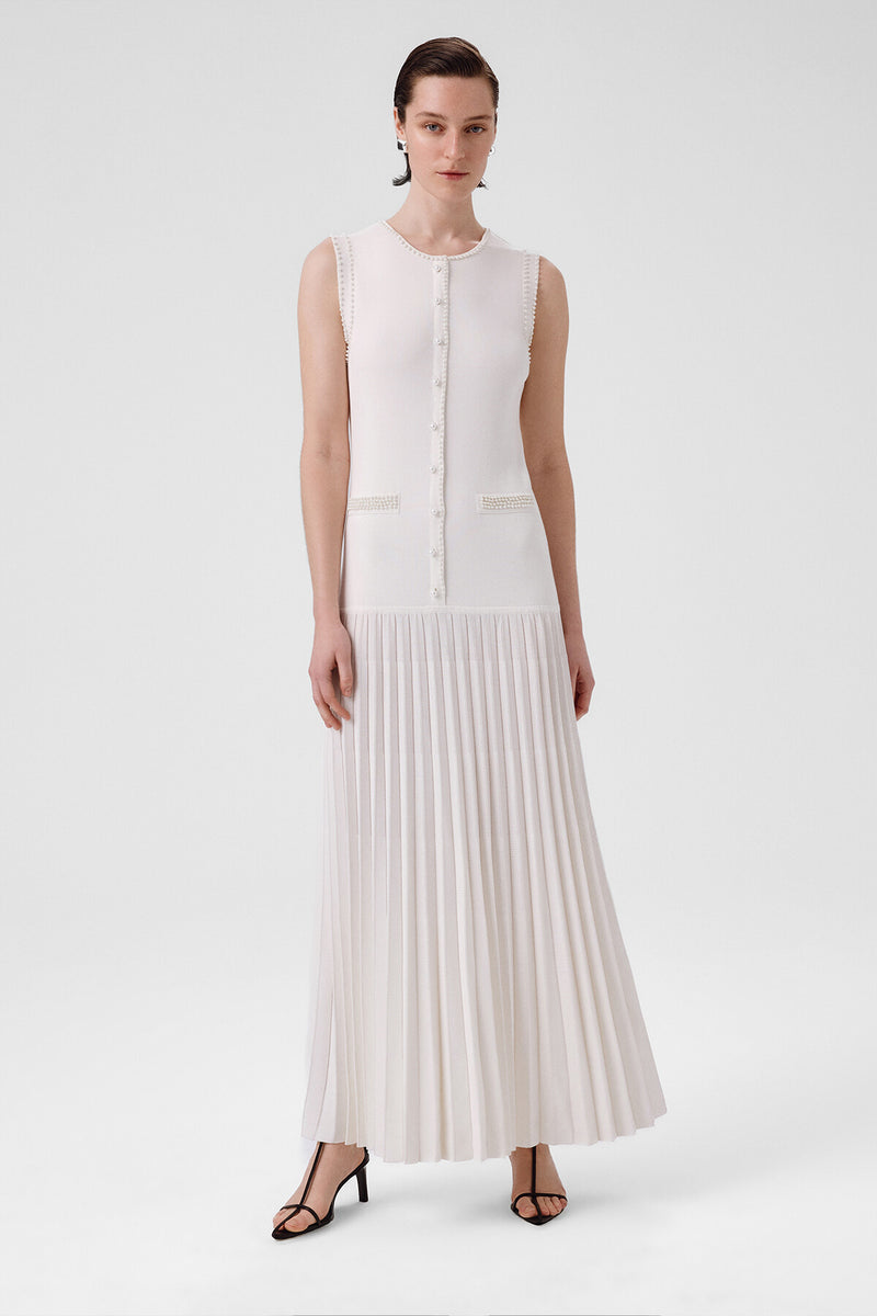 Ecru Pearl Embroidered Pleated Long Dress