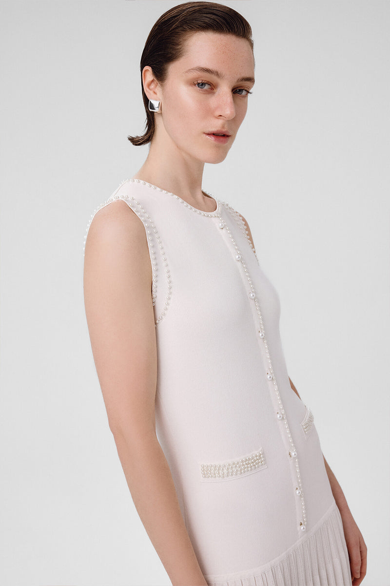 Ecru Pearl Embroidered Pleated Long Dress