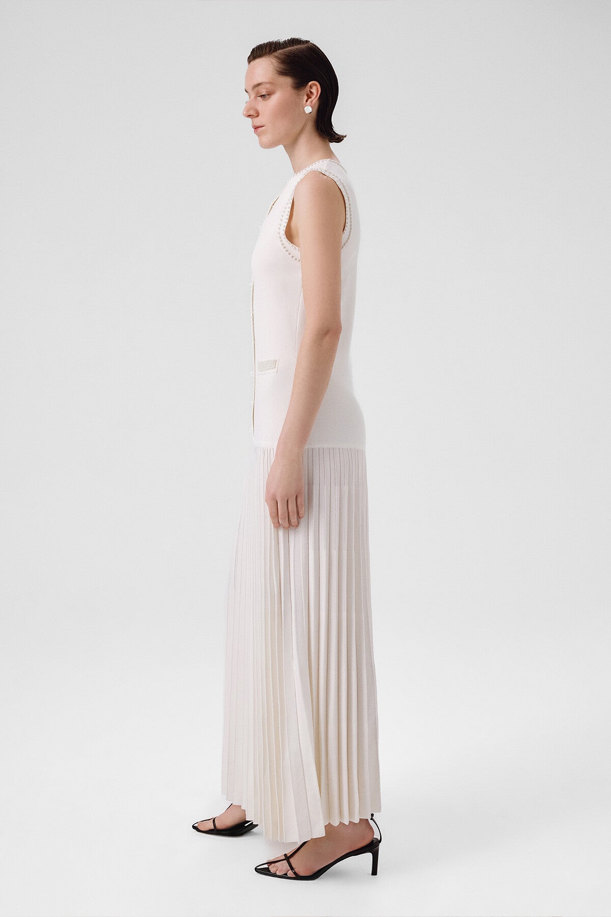 Ecru Pearl Embroidered Pleated Long Dress
