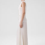 Ecru Pearl Embroidered Pleated Long Dress