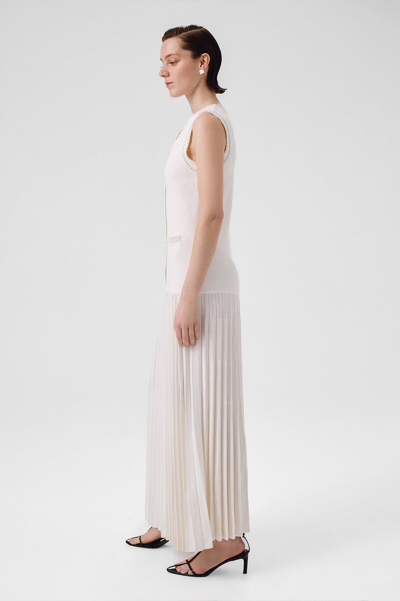 Ecru Pearl Embroidered Pleated Long Dress