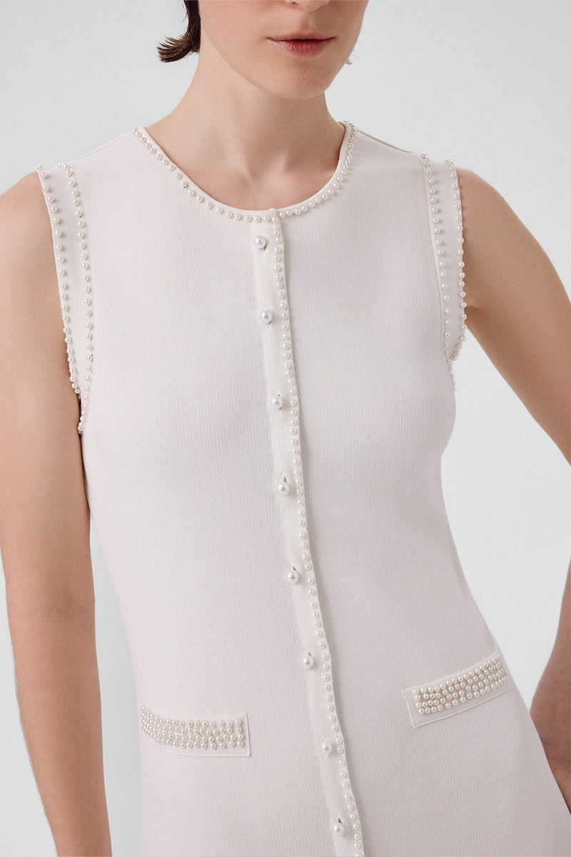 Ecru Pearl Embroidered Pleated Long Dress