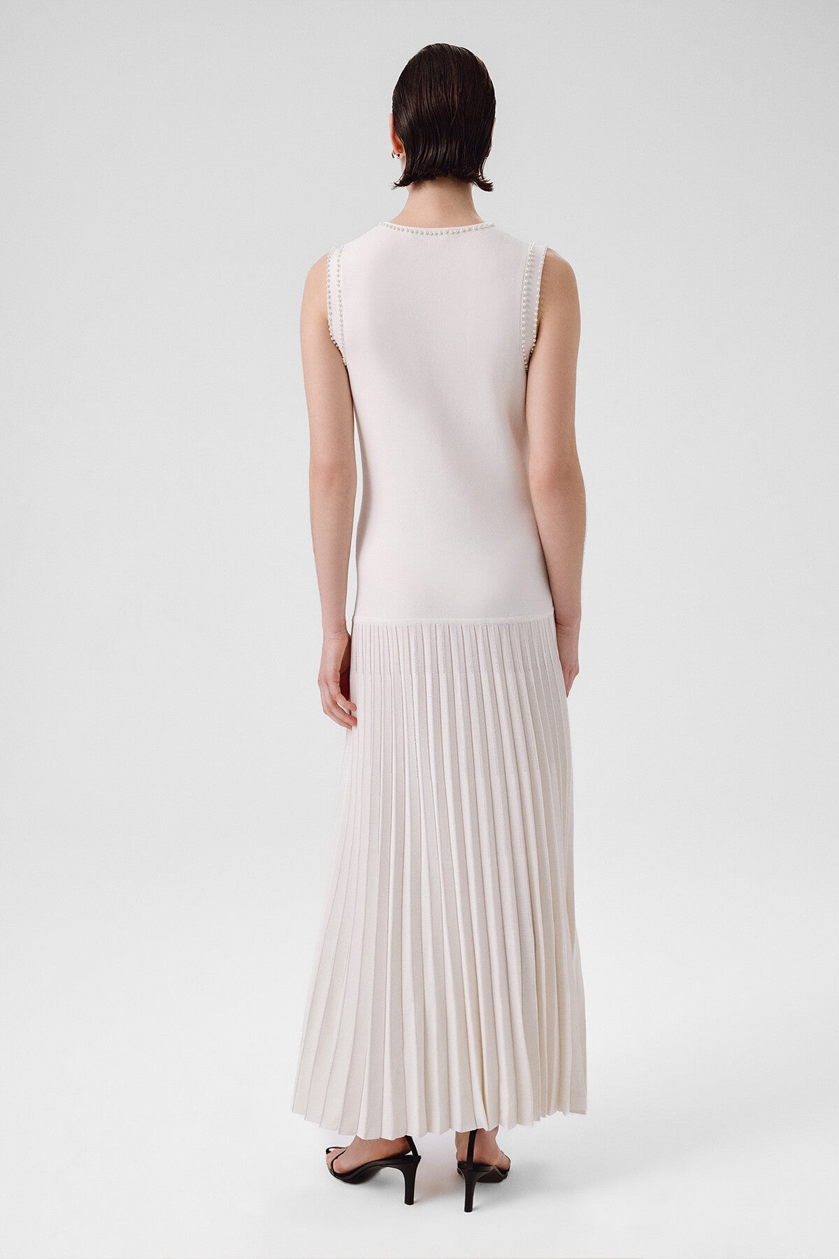 Ecru Pearl Embroidered Pleated Long Dress