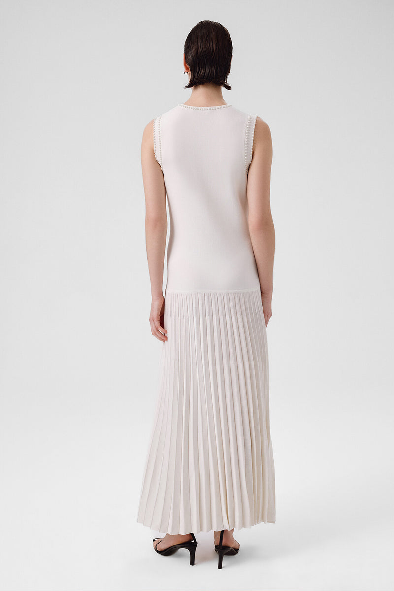 Ecru Pearl Embroidered Pleated Long Dress