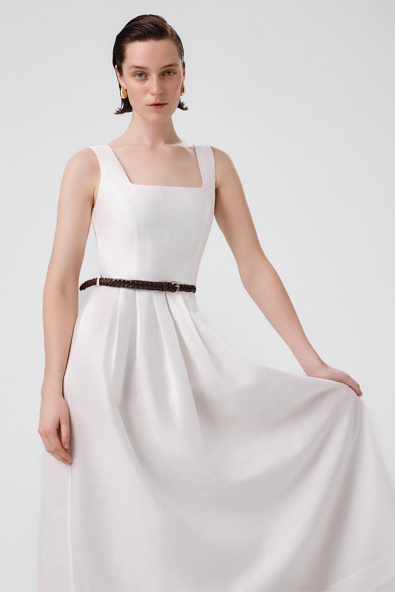 Ecru Square Neck Belted Long Dress