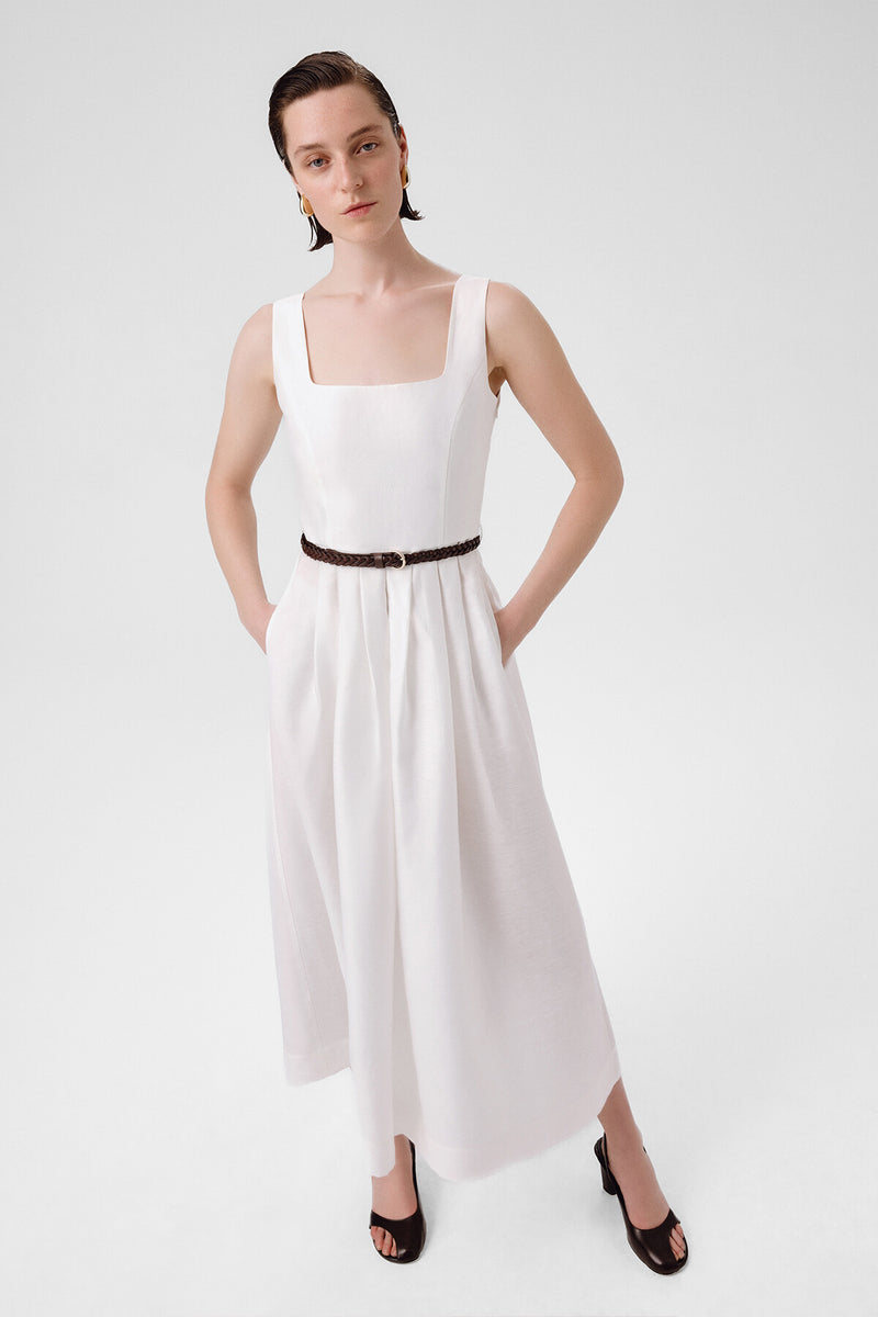 Ecru Square Neck Belted Long Dress