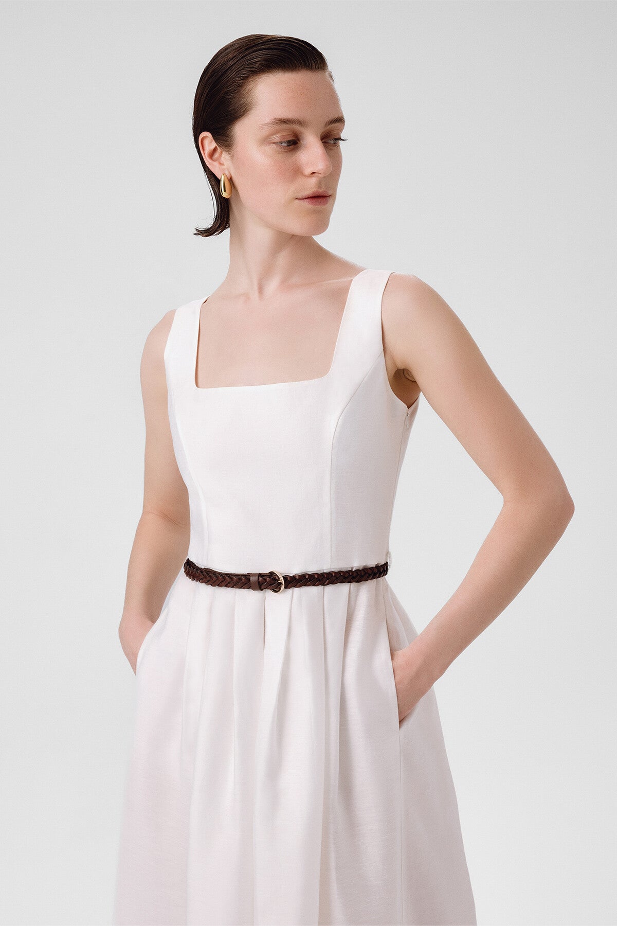 Ecru Square Neck Belted Long Dress