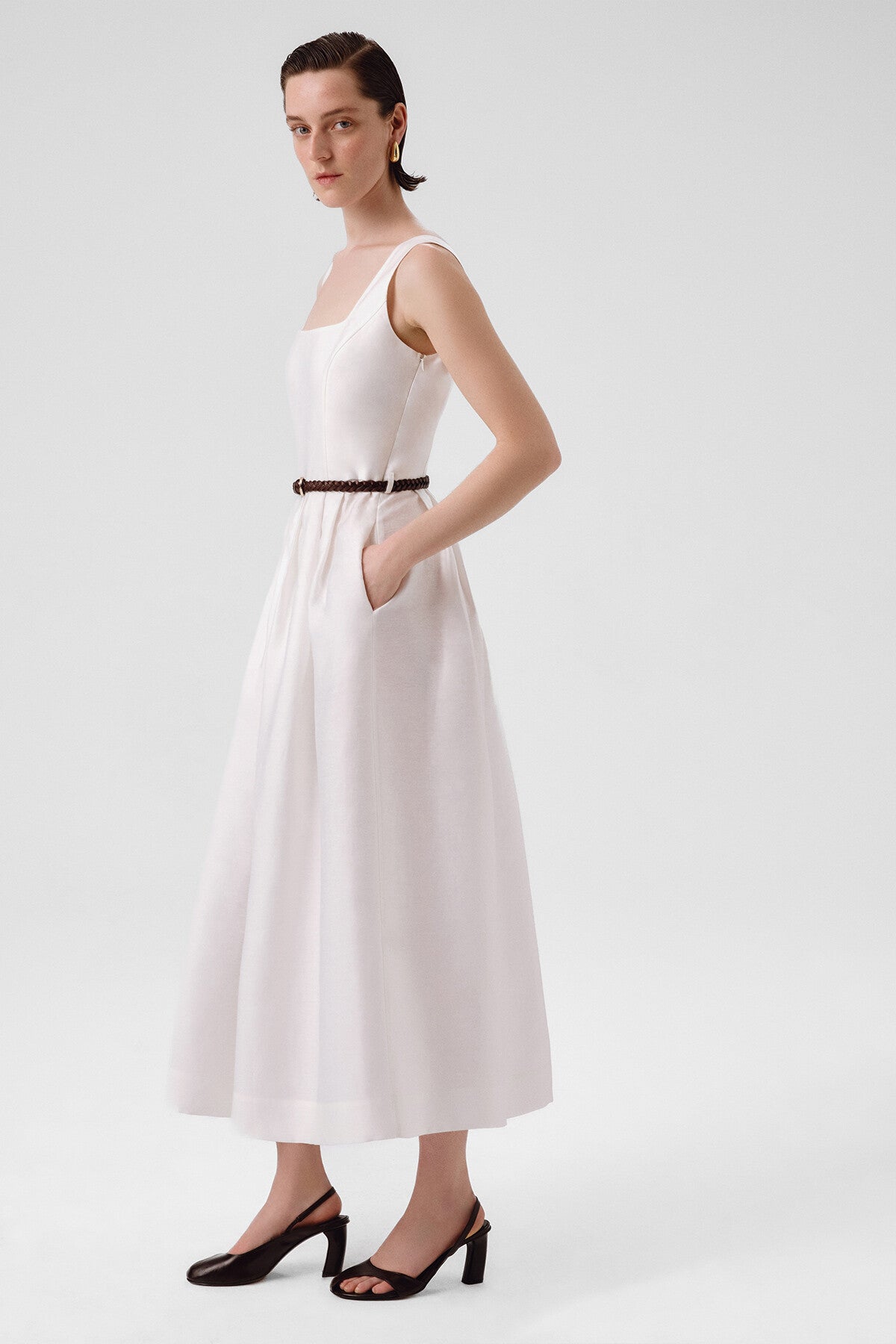 Ecru Square Neck Belted Long Dress