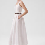 Ecru Square Neck Belted Long Dress
