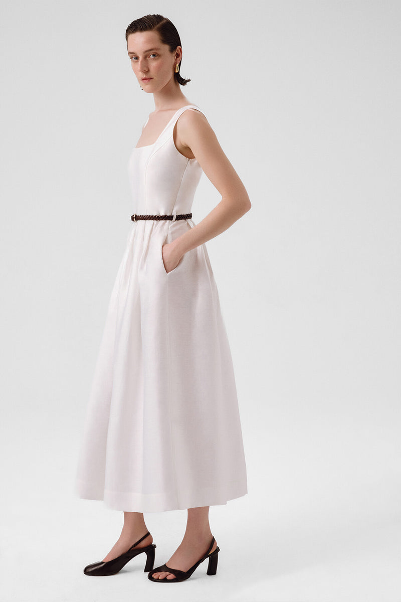 Ecru Square Neck Belted Long Dress