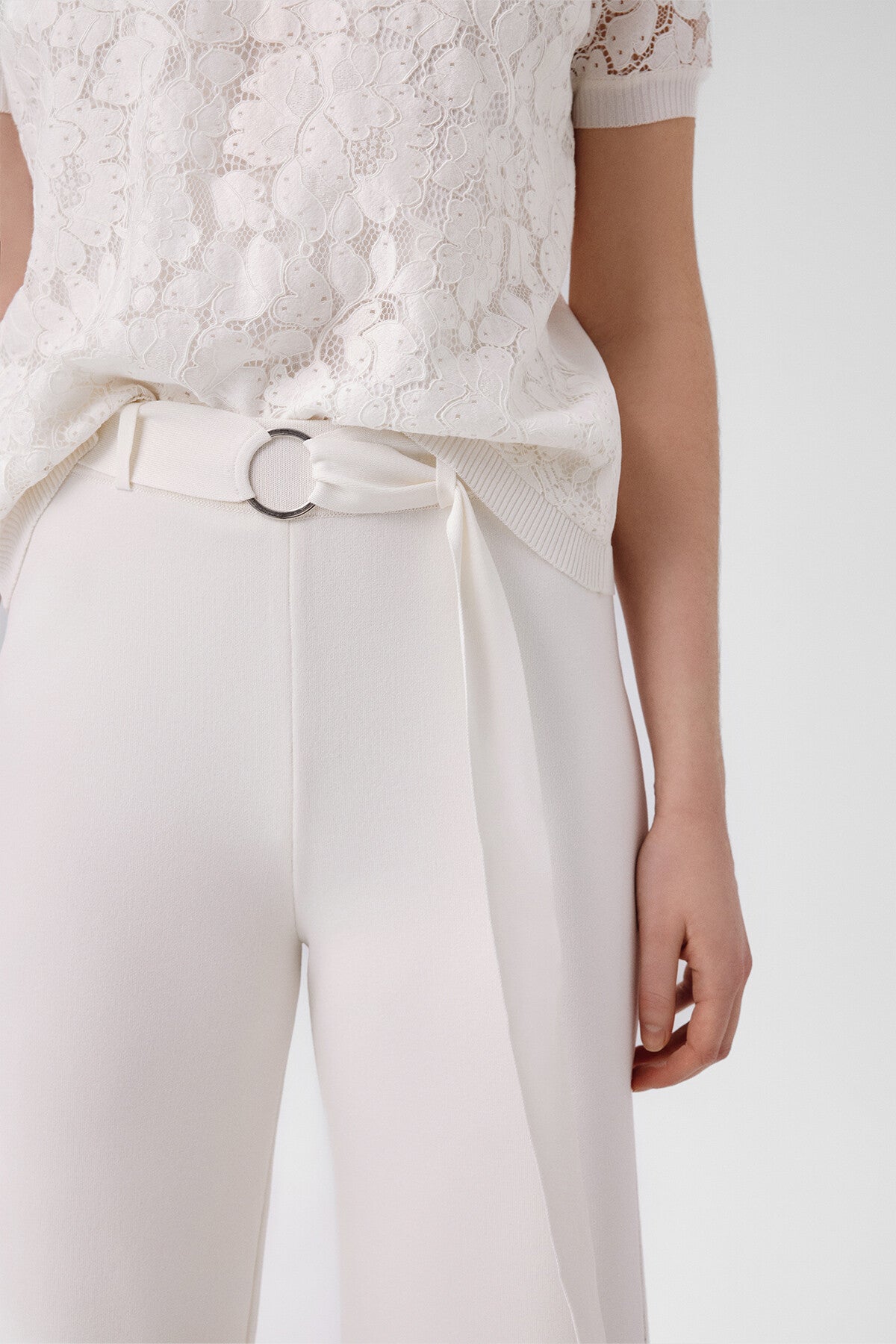 Ecru Belted Wide-Leg Women's Pants