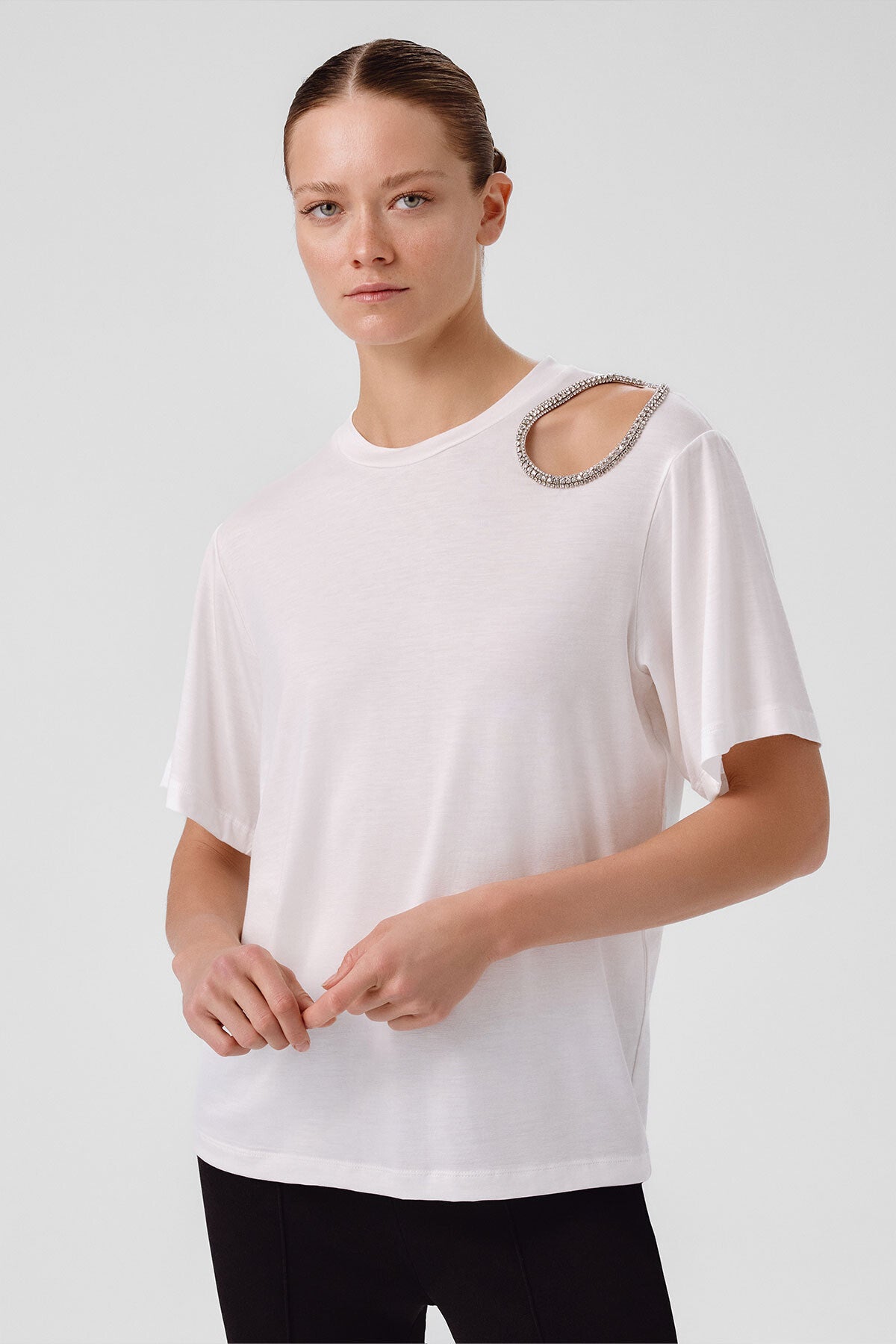 Ecru Shoulder Stone-Embroidered Women's T-Shirt