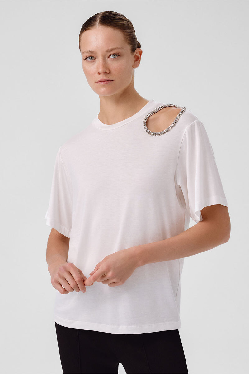 Ecru Shoulder Stone-Embroidered Women's T-Shirt