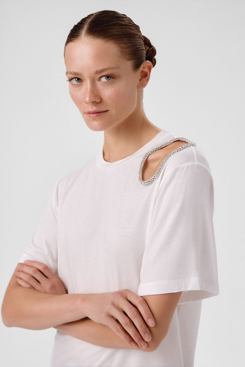 Ecru Shoulder Stone-Embroidered Women's T-Shirt