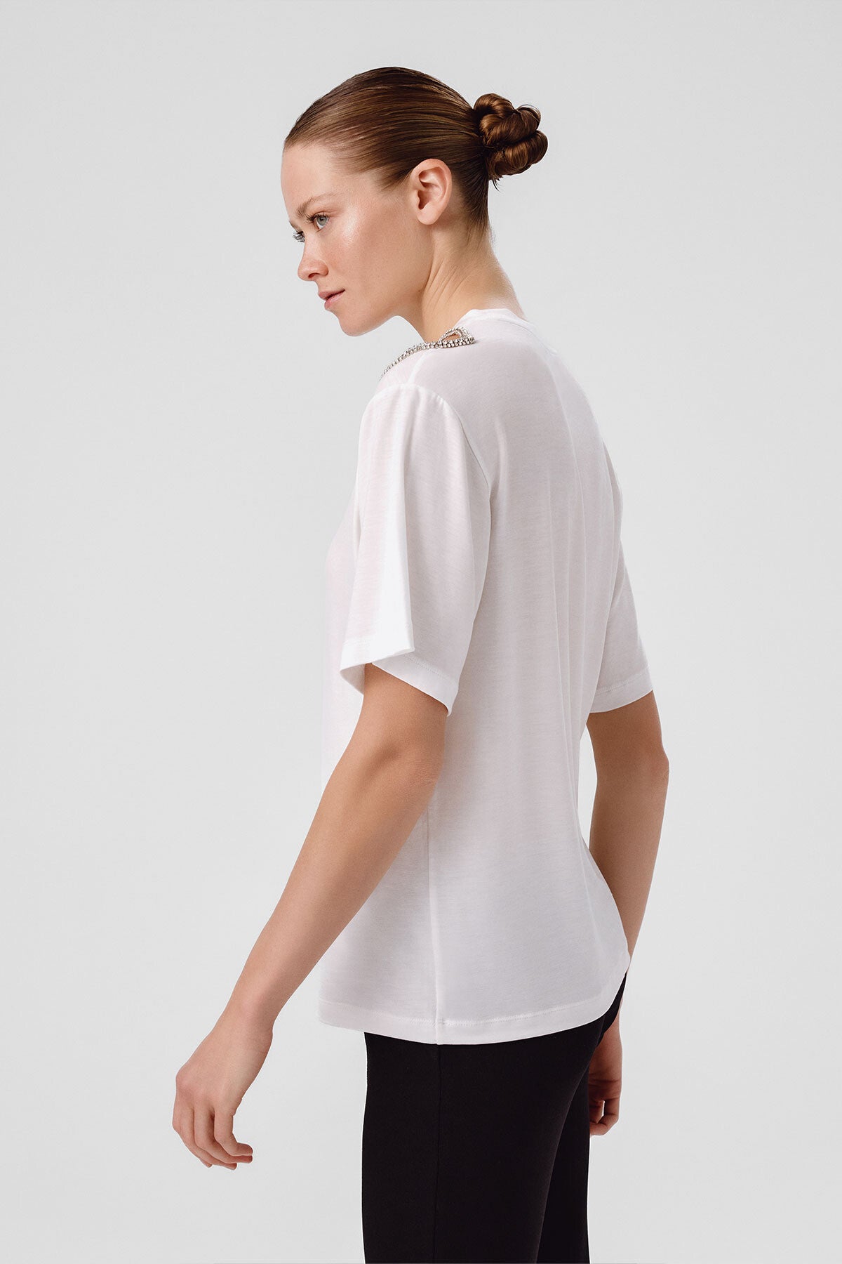 Ecru Shoulder Stone-Embroidered Women's T-Shirt