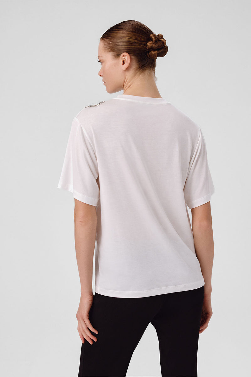 Ecru Shoulder Stone-Embroidered Women's T-Shirt