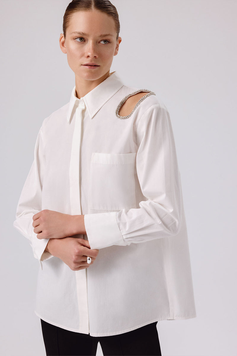 Ecru Stone-Embroidered Oversized Women's Shirt