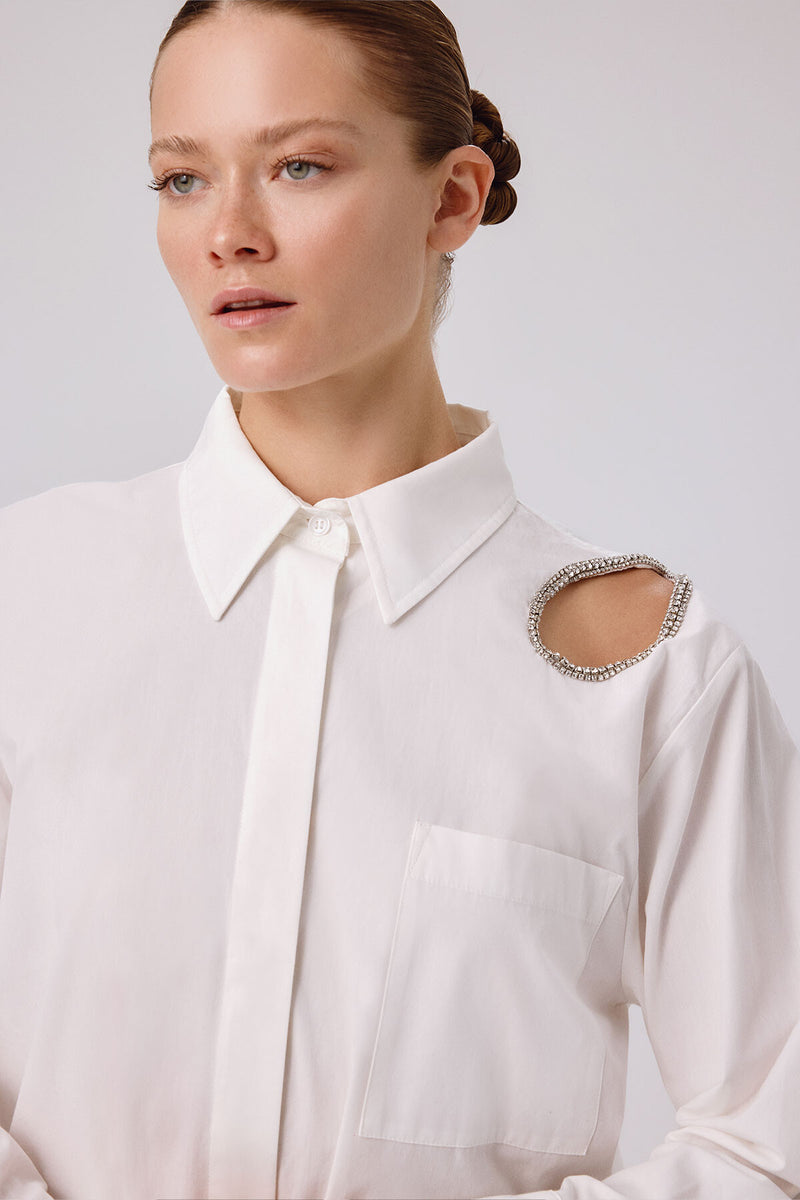 Ecru Stone-Embroidered Oversized Women's Shirt