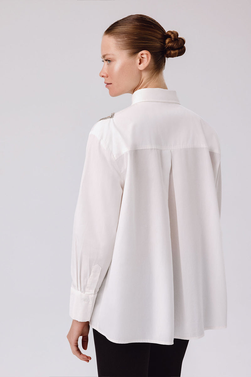 Ecru Stone-Embroidered Oversized Women's Shirt