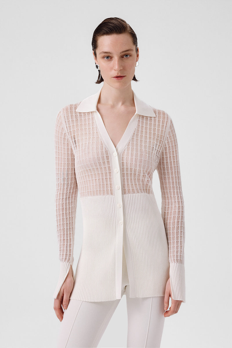 Ecru Transparent Detailed Ribbed Women's Cardigan