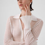 Ecru Transparent Detailed Ribbed Women's Cardigan