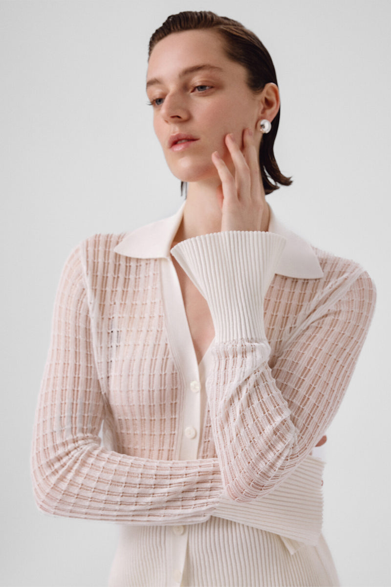 Ecru Transparent Detailed Ribbed Women's Cardigan