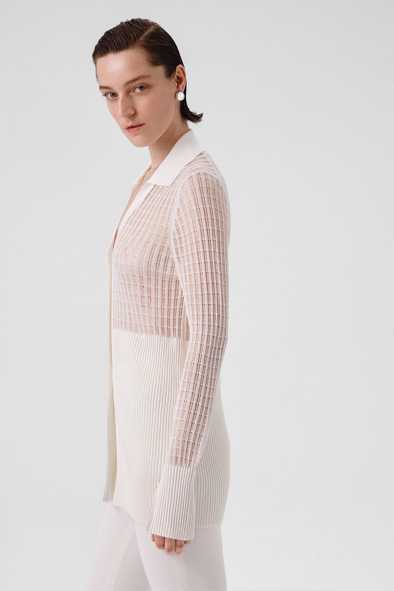 Ecru Transparent Detailed Ribbed Women's Cardigan