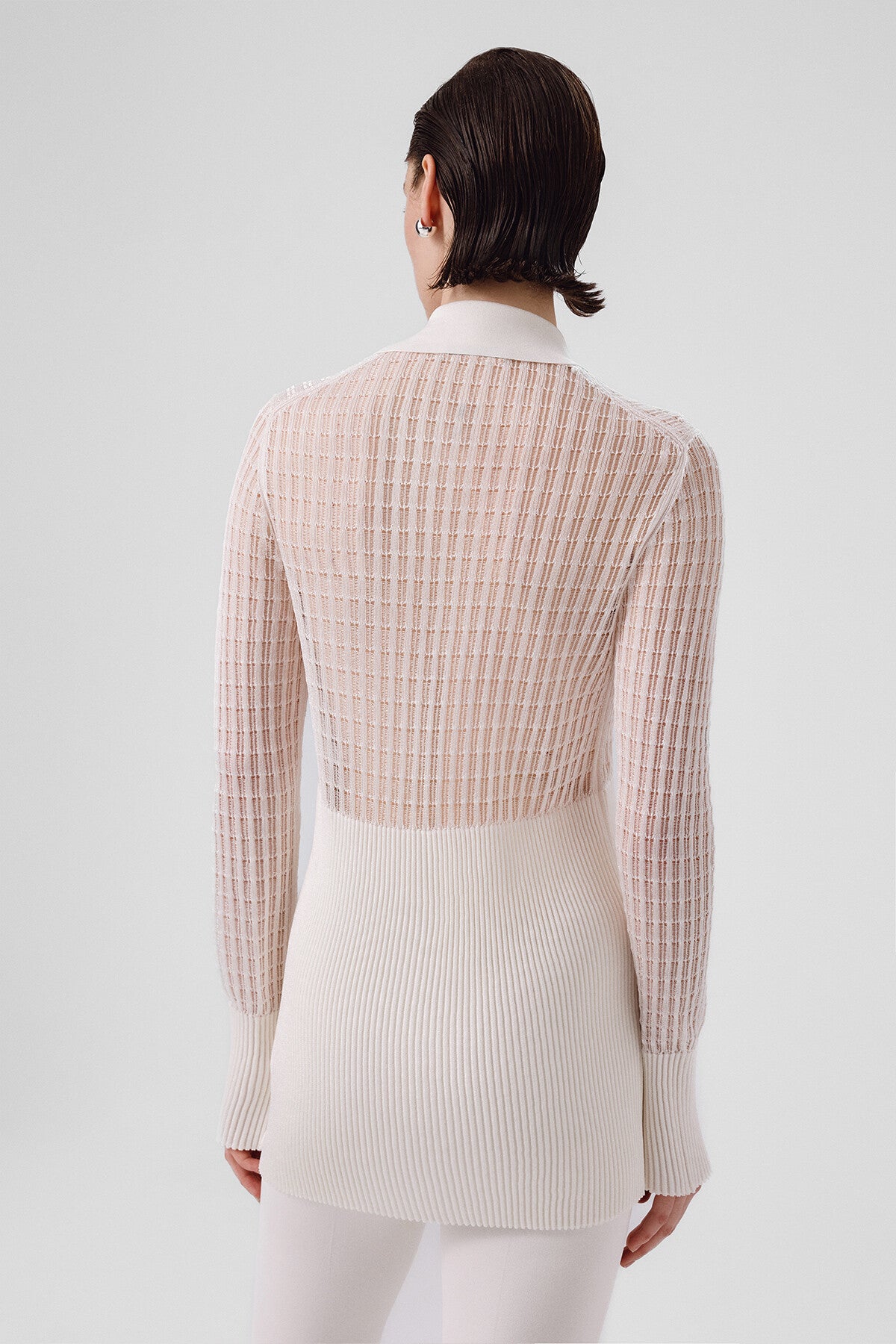 Ecru Transparent Detailed Ribbed Women's Cardigan