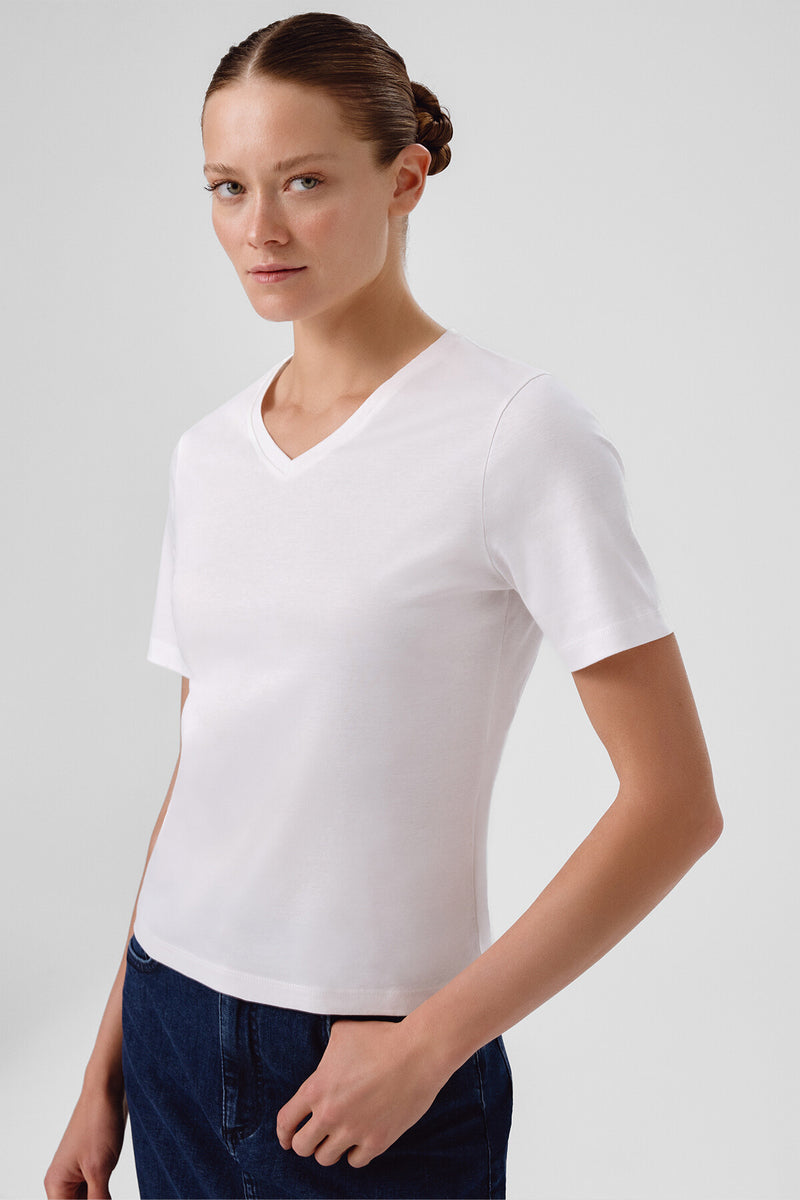 Ecru V-Neck Short Sleeve Women's T-Shirt
