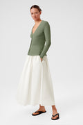 Gray Green V-Neck Ribbed Fine Women's Cardigan