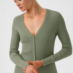 Gray Green V-Neck Ribbed Fine Women's Cardigan