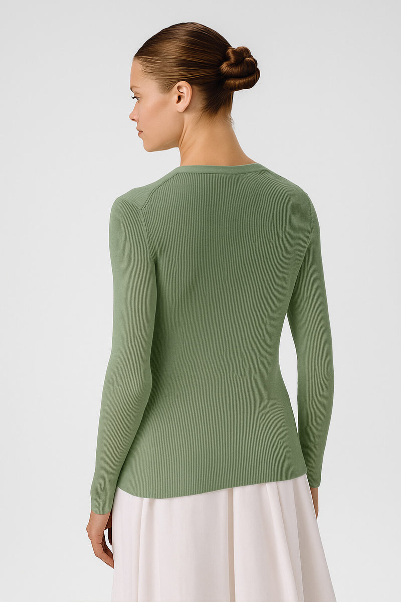 Gray Green V-Neck Ribbed Fine Women's Cardigan