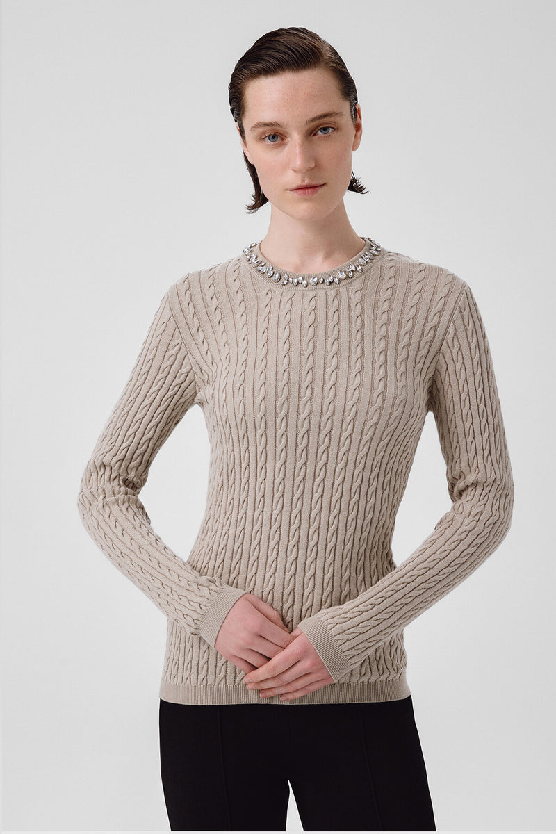 Women's Sweater with Gray and Green Stone Embroidery