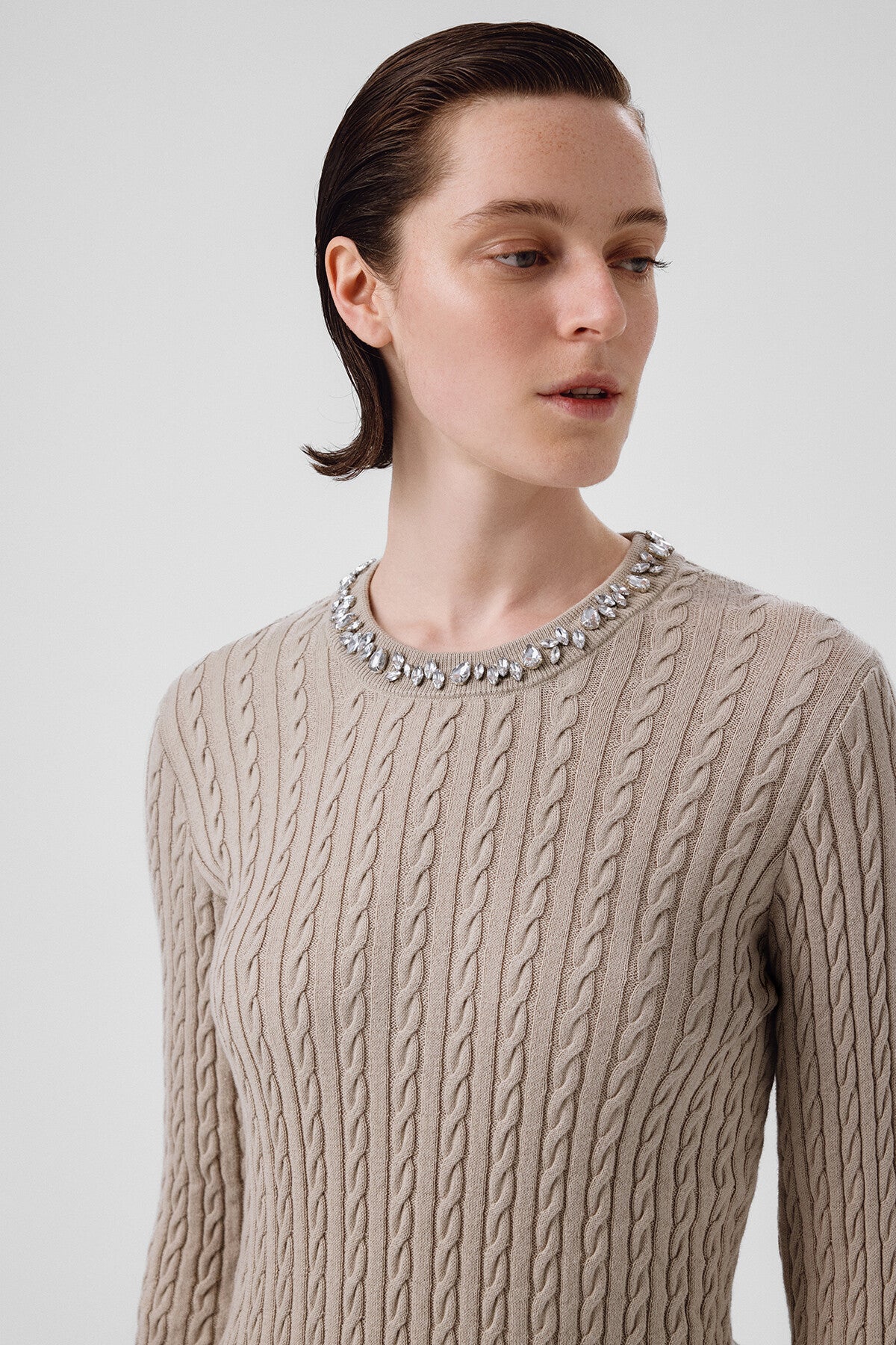 Women's Sweater with Gray and Green Stone Embroidery