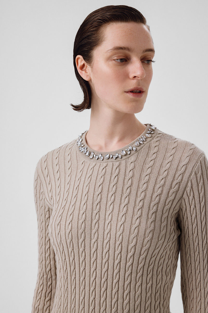 Women's Sweater with Gray and Green Stone Embroidery