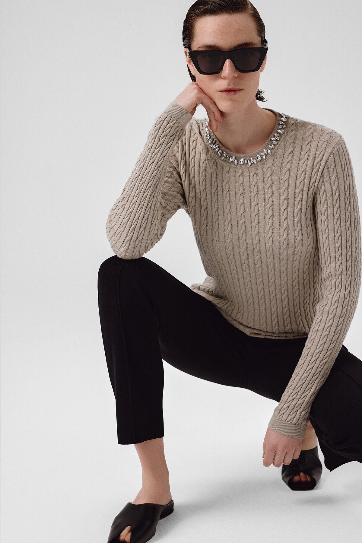 Women's Sweater with Gray and Green Stone Embroidery