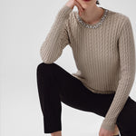 Women's Sweater with Gray and Green Stone Embroidery
