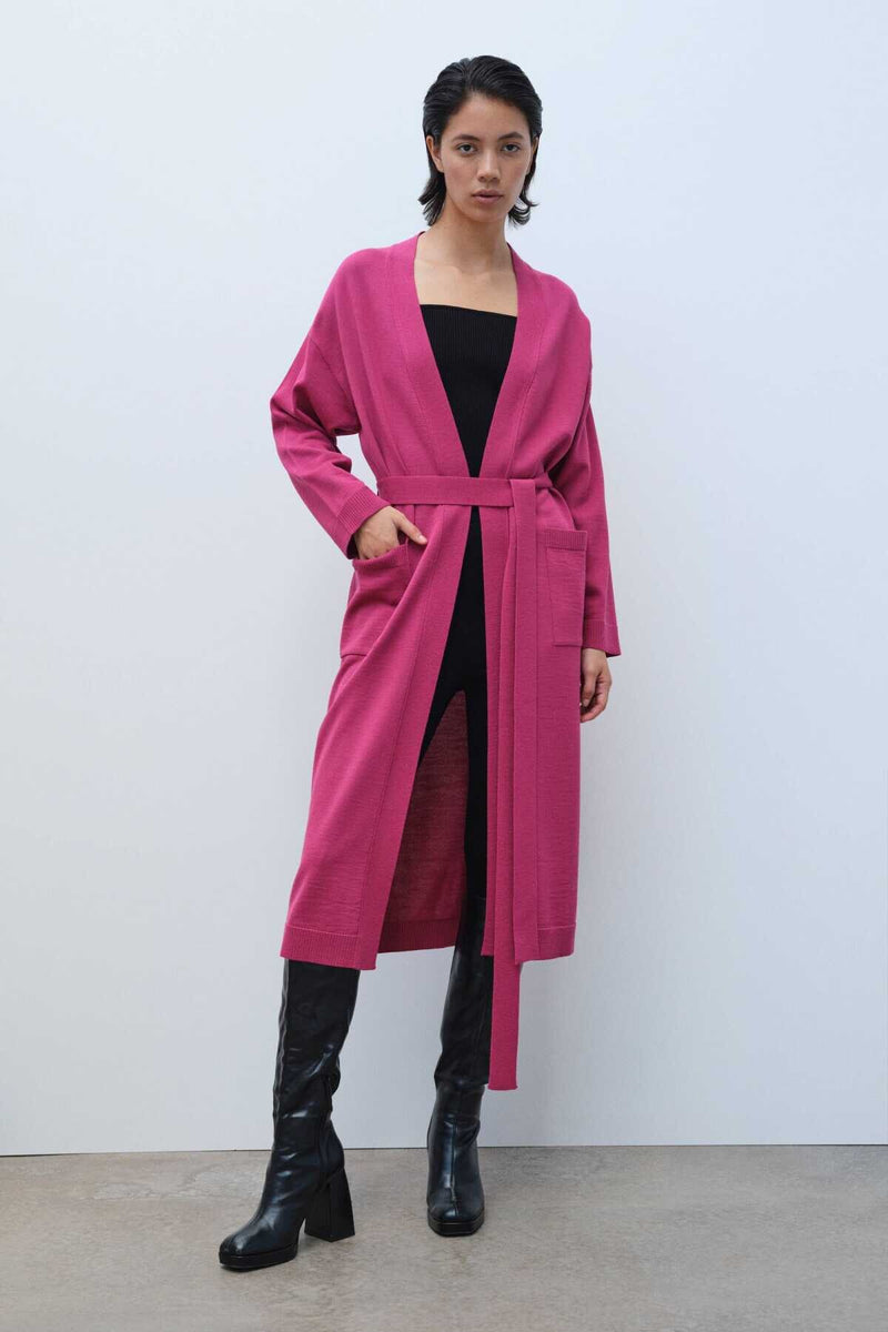 Long Women's Cardigan with Waist Tie and Rose Embroidery